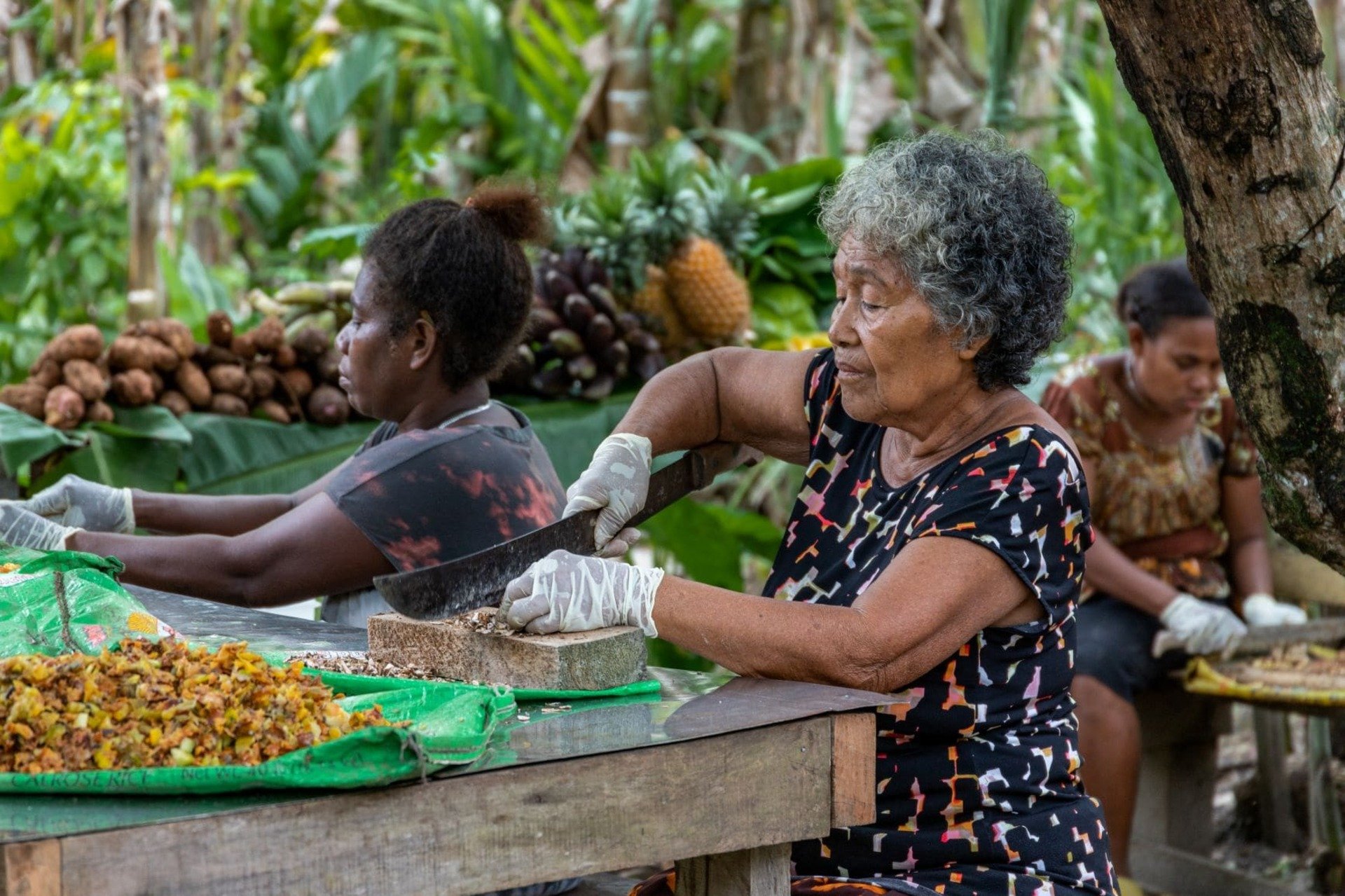 Solomon Islands 2021: a woman chops vegetables during an event to learn about healthy eating habits