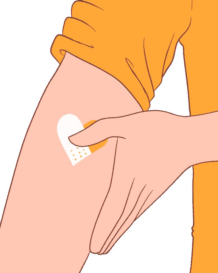 An illustration of a hand holding a band-aid in place on an arm